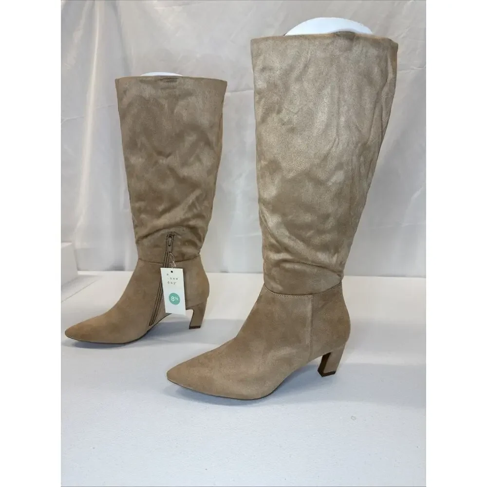 A New Day Raye Women's Faux Suede Knee High Tall Block Heel Boots Tan Size 8.5